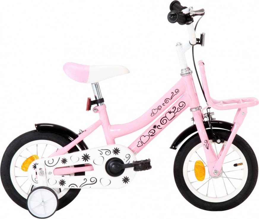 VIDAXL Kinderfiets met voordrager 12 inch wit en roze