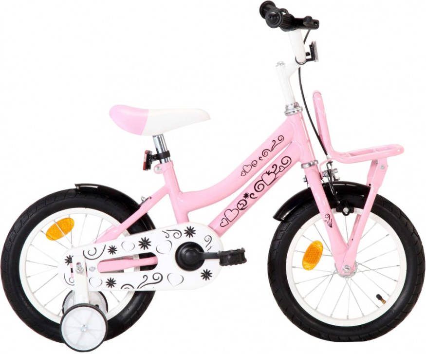 VIDAXL Kinderfiets met voordrager 14 inch wit en roze