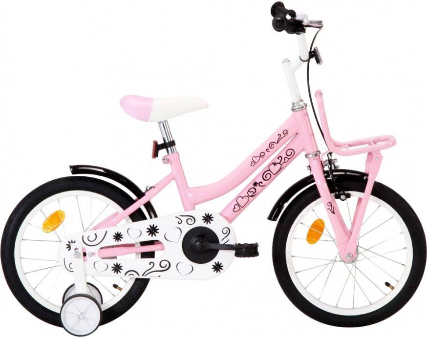 VIDAXL Kinderfiets met voordrager 16 inch wit en roze